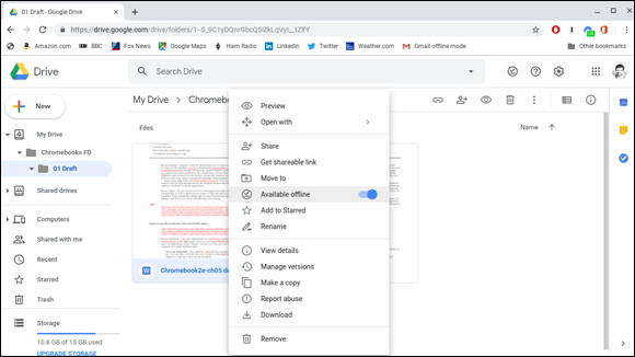 Snapshot of marking files or folders in Google Drive for offline use.