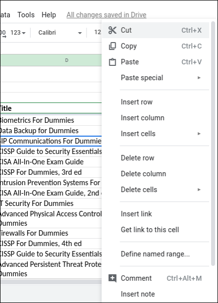 Snapshot of actions that can carry out on a cell or selecting the cells in Google Sheets.