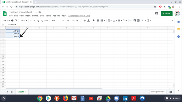 Snapshot of the Autofill square in Google Sheets.