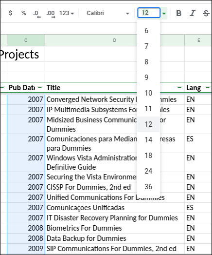 Snapshot of aelecting font sizes in Google Sheets.