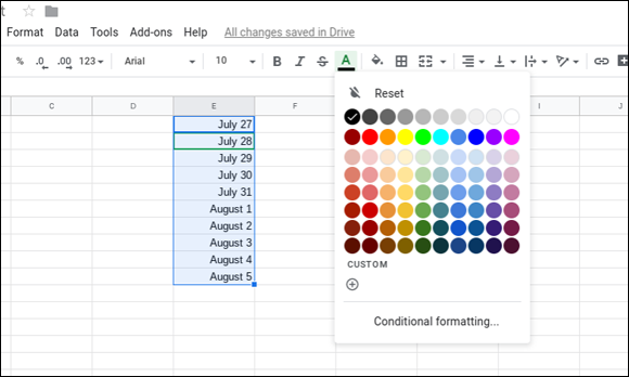 Snapshot ofsSelecting colors for text in Google Sheets.