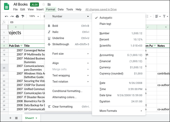 Snapshot of applying auto-formatting to the selected cells in Google Sheets.