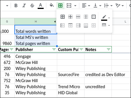 Snapshot of adding a border to cells in Google Sheets.