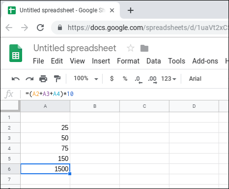 Snapshot of using formulas in Google Sheets to add the values of cells together.