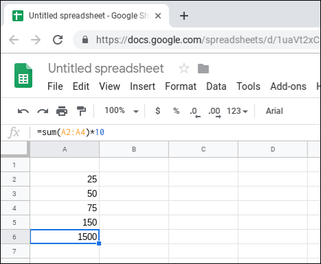 Snapshot of using functions to add the contents of cells together.