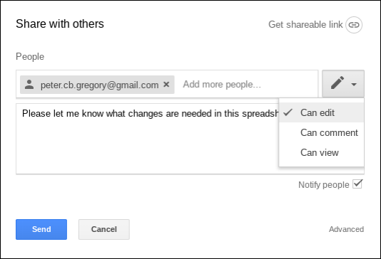 Snapshot of sharing a spreadsheet with other people.