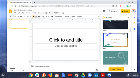 Snapshot of a new Google Slides presentation with the Themes selector.