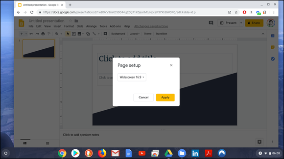 Snapshot of selecting an aspect ratio for Google Slides presentation.