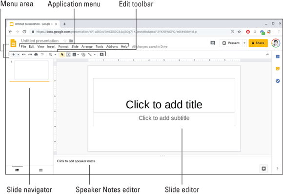 Snapshot of the main areas in Google Slides .