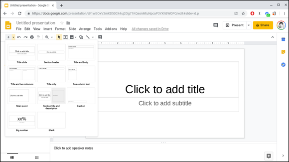 Snapshot of adding a slide and choosing a layout.