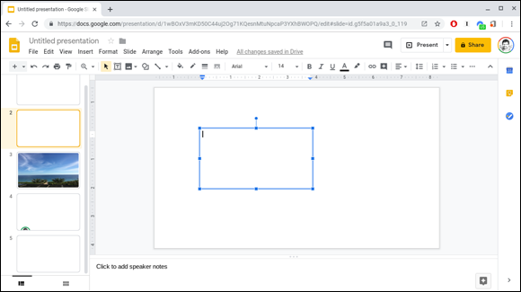 Snapshot of a newly created text box in Google Slides.