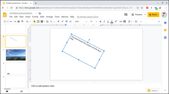 Snapshot of a text box that has been rotated in Google Slides.