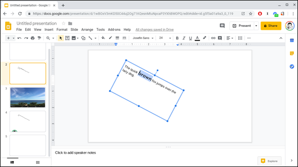 Snapshot of changing the size of selected text in Google Slides.