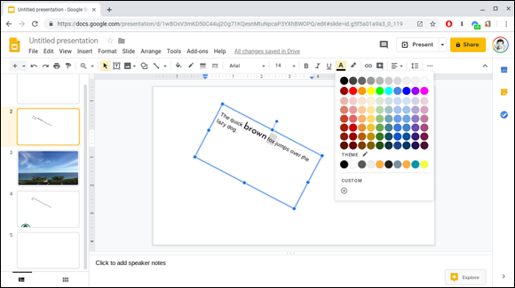 Snapshot of changing the color of selected text in Google Slides.