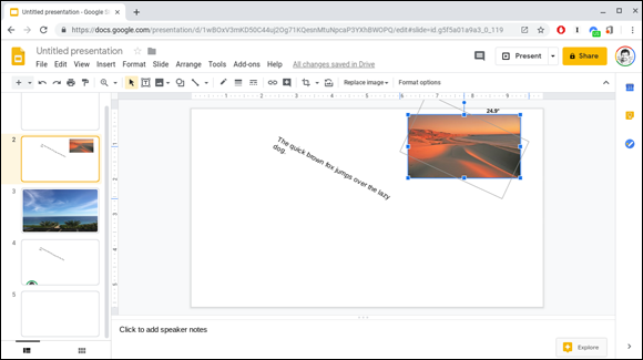 Snapshot of rotating an image in Google Slides.