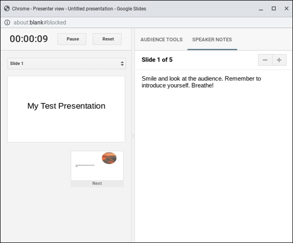 Snapshot of showing a slide presentation in Presenter View.