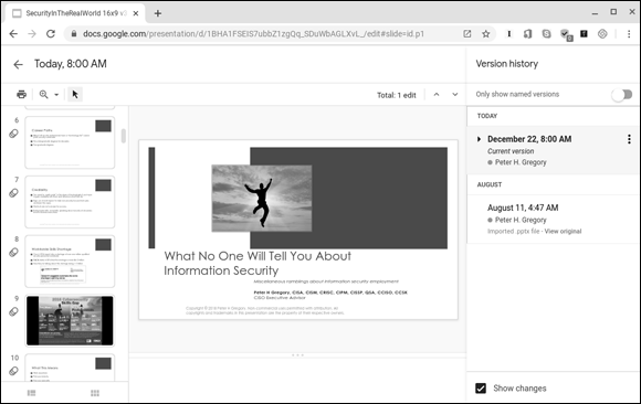 Snapshot of viewing available versions of a Google Slides presentation.