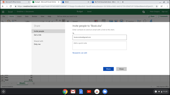 Snapshot of sharing a spreadsheet with another user in Microsoft Excel.