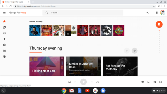 Snapshot of Google Play Music site which has lot of controls such as menu, home, music library, and more.