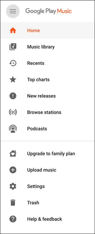 Snapshot of the Google Play Music menu.