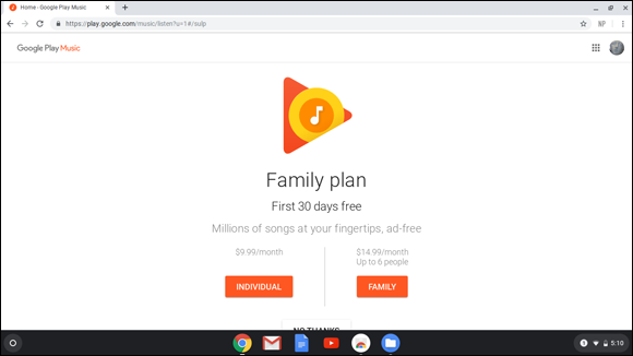 Snapshot of selecting the user's Google Play Music subscription plan.