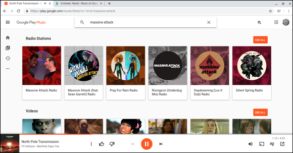 Snapshot of the Google Play Music radio controls.