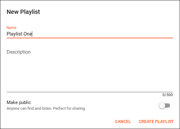 Snapshot of creating a new playlist in Google Play Music.