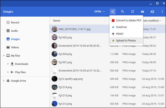 Snapshot of uploading photos taken in a Chromebook to Google Photos.