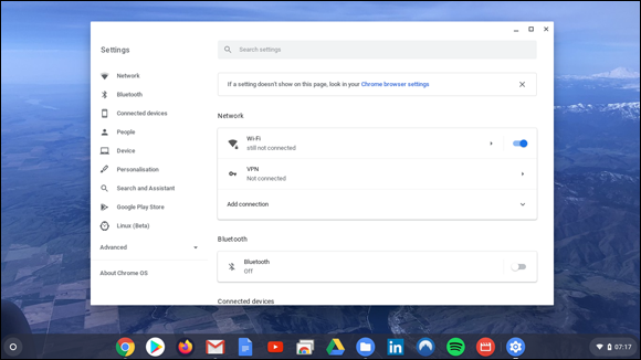 Snapshot of the Chromebook Settings window.