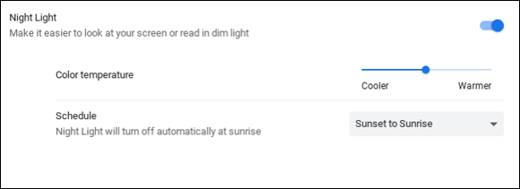 Snapshot of using the Chromebook Night Light settings to configure night mode for the display.