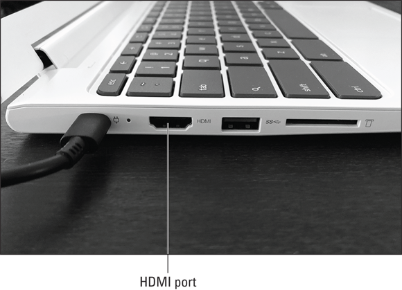 Photo depicts a Chromebook HDMI display port.