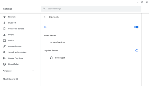 Snapshot of getting ready to pair a Chromebook to a Bluetooth device.