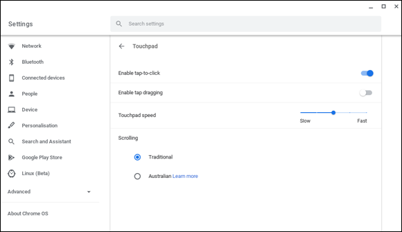 Snapshot of configuring the Chromebook touchpad.