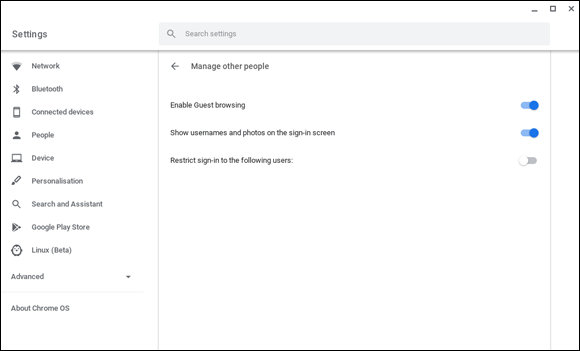Snapshot of managing users on a Chromebook.