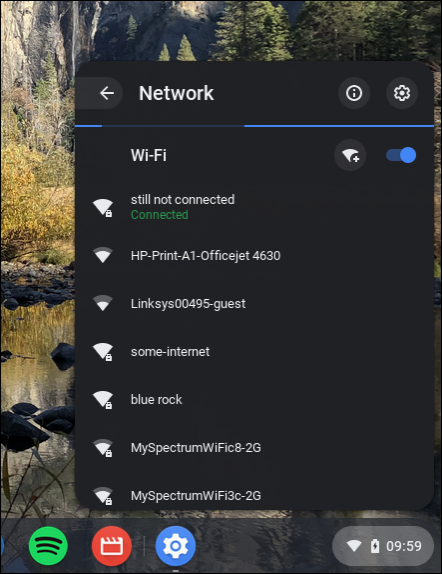 Snapshot of selecting a Wi-Fi network for an Internet connection.