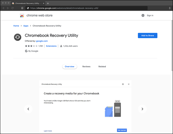 Snapshot of installing the Chromebook Recovery Utility.