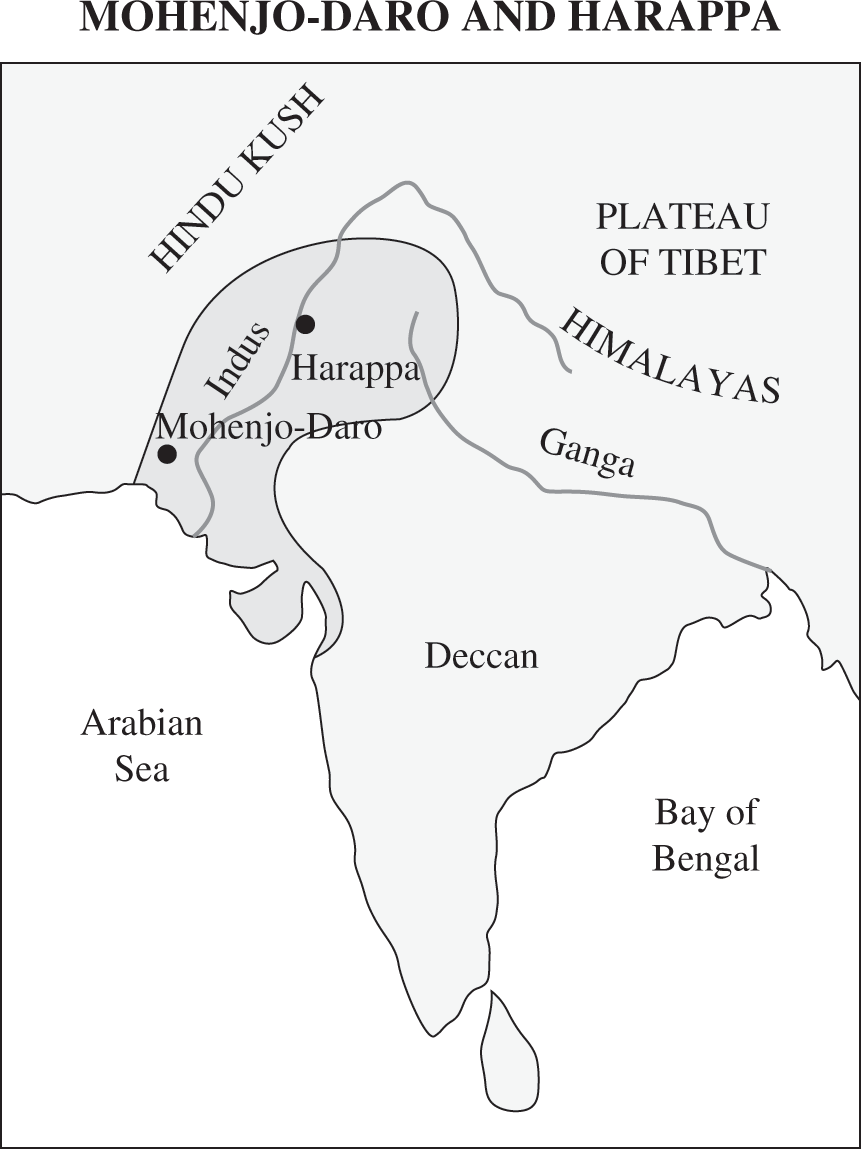 A map shows what is today India. The Hindu Kush is located in the northwest and the plateau of Tibet in the northeast, just south of which are the Himalayas. Below the mountains is the Ganga River. South of the Hindu Kush is the Indus River, along which are the cities Harappa in the north and Mohenjo Daro in the southwest. The pennisula region is Deccan. To the east is the Bay and Bengal and to the west is the Arabian Sea.