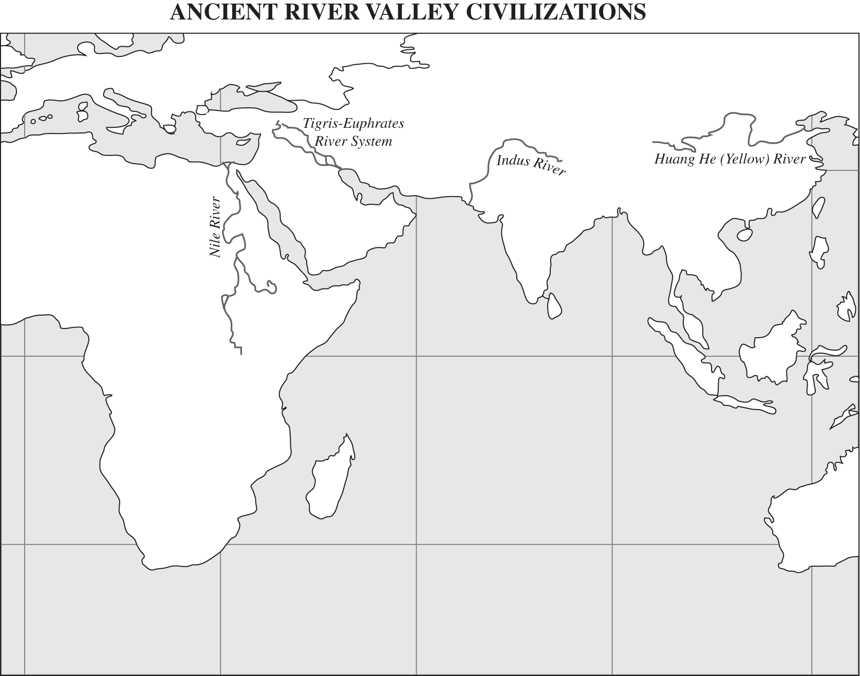 A map shows the Nile River in modern Egypt, the Tigris Euphrates River System in modern middle east, the Indus River in modern India, and the Huang He, Yellow, River in modern China.