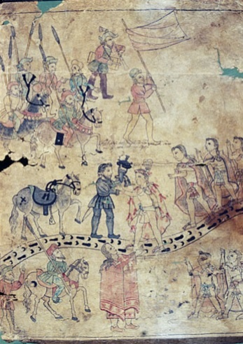 A painting shows Europeans interacting and exchanging things with American Indians. It also shows Europeans going to war with the American Indians on horseback. 