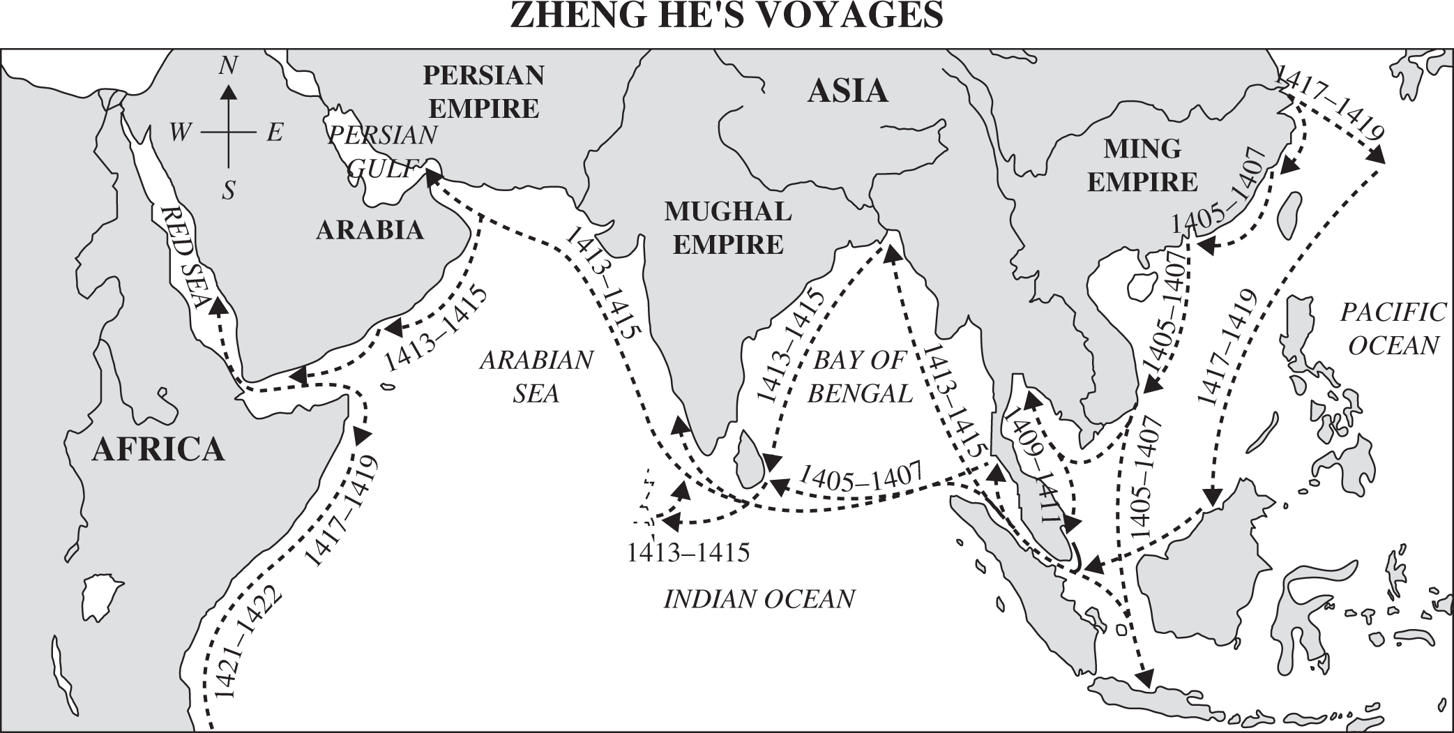 A map shows a series of sea routes from the Ming Empire to various locations, some of which are located in the Pacific Ocean, but the majority of which are located in the Indian Ocean, Bay of Bengal, and Arabian Sea. There are approximately twenty routes shown, all dated between 14 oh 5 and 14 22.