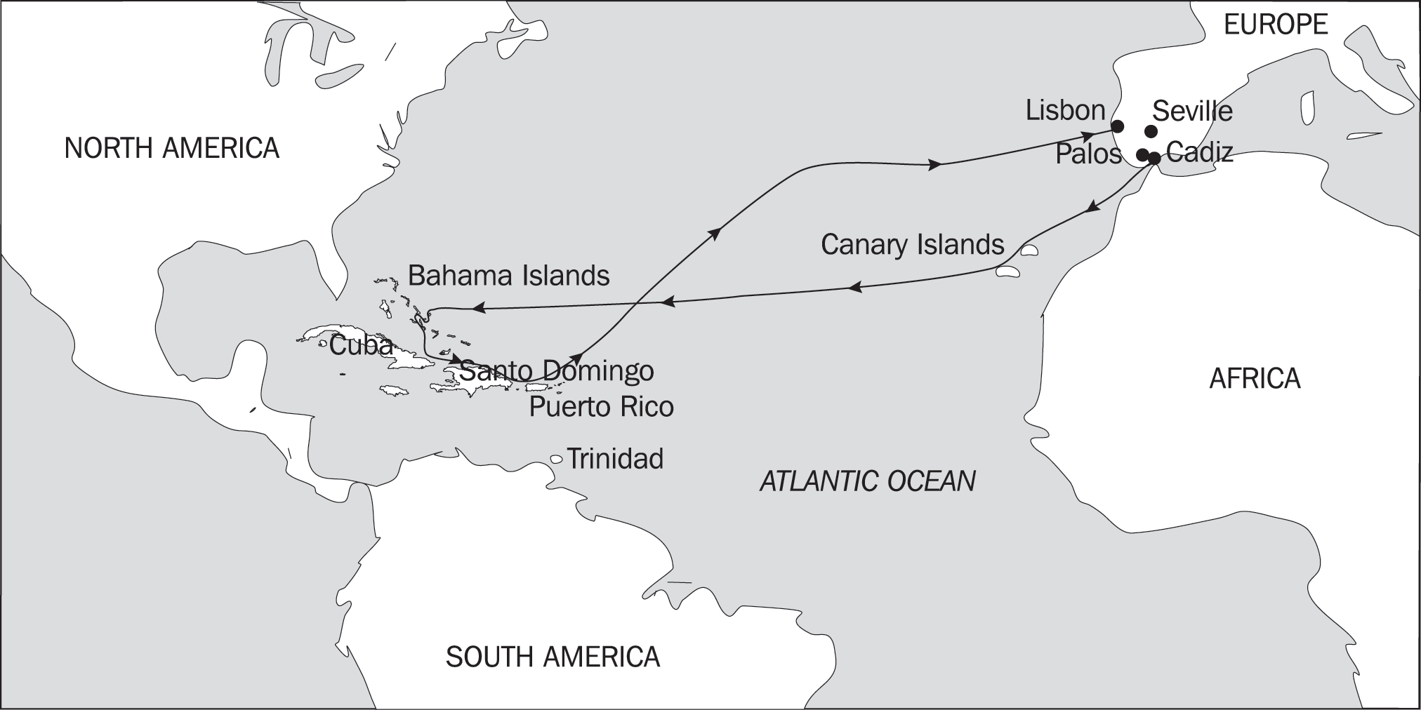 A map shows Columbus's first voyage, which began in Cadiz Spain, went through the Canary islands, the Bahamas, around Cuba, along the coast of Santo Domingo and Puerto Rico and then back across the Atlantic to Lisbon Spain.