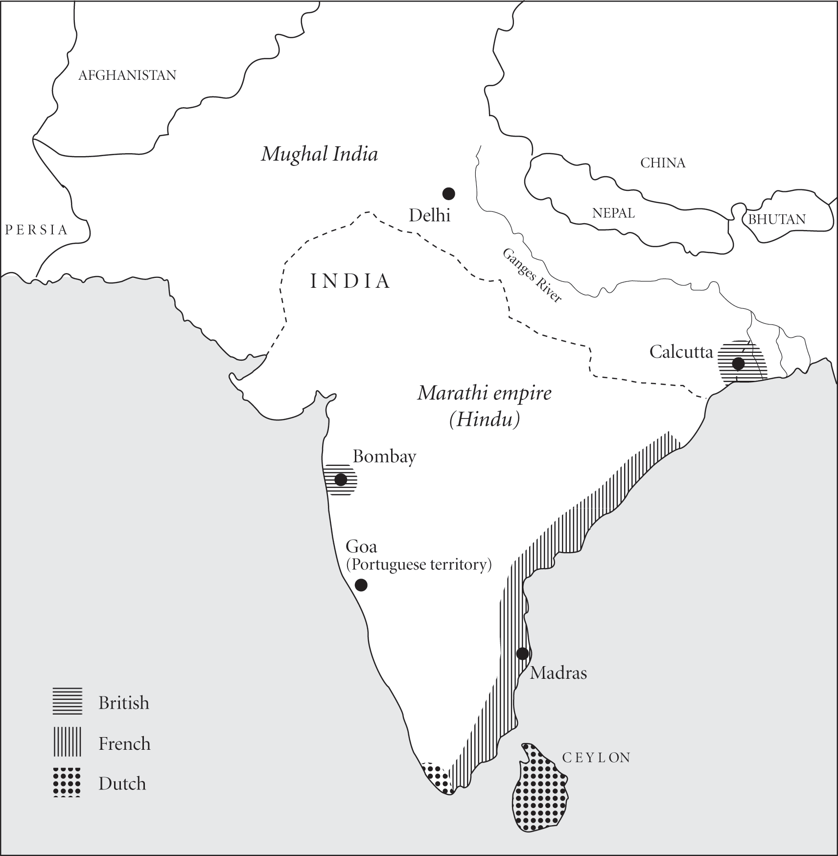 A map showing various trading posts throughout India. The British has trading posts at Bombay on the west coast and Calcutta on the east coast. The French had trading posts along the east coast, encompassing the city of Madras. The Dutch had trading posts at the southern most tip and on the island of Ceylon. The Portuguese controlled the trading post of Goa. The trading post of Delhi, in the north central region, remained outside of foreign control.