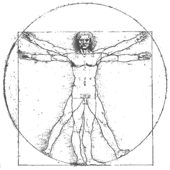 A drawing shows Leonardo DaVinci's Vitruvian Man, which shows the naked male body in several positions, overlaid by a circle and square.