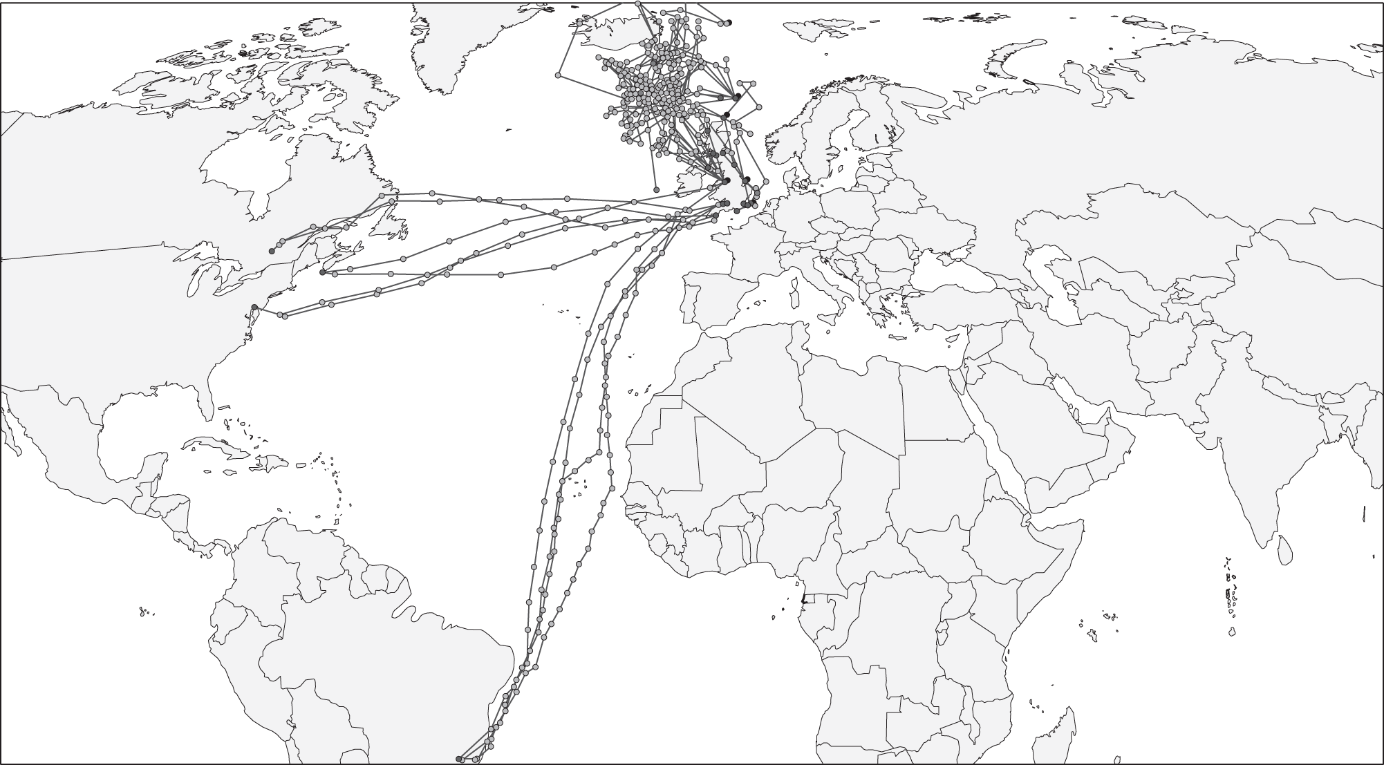 A map shows ocean routes that travel all throughout the Atlantic ocean, primarily from the northeast of the U S and the south east of Canada, as well as southern Brazil, to the United Kingdom, but also all around the waters surrounding the United Kingdom.