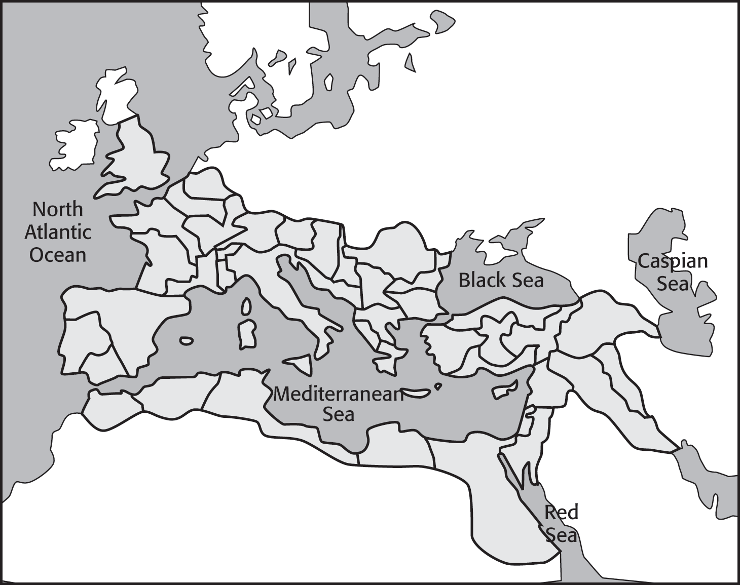 A map shows the roman empire at its height. The empire spans from the Atlantic ocean in the west, surrounds the Mediterranean sea on all sides, and extends east to the red and Caspian seas.