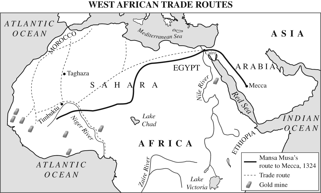 A map of west African trade routes. Gold mines are located in the northwest coastal region, as well as one mine between the Nile River and red sea in the north east. Trade routes ran from these gold mines along the Niger river, through Timbuktu, into the north through Taghaza and Morocca, and north east to the Mediterranean sea and Cairo. Mansa Musa's route to Mecca in 13 24 started just south west of Timbuktu and went through the Sahara desert, through Cairo, down the Arabian peninsula to Mecca.