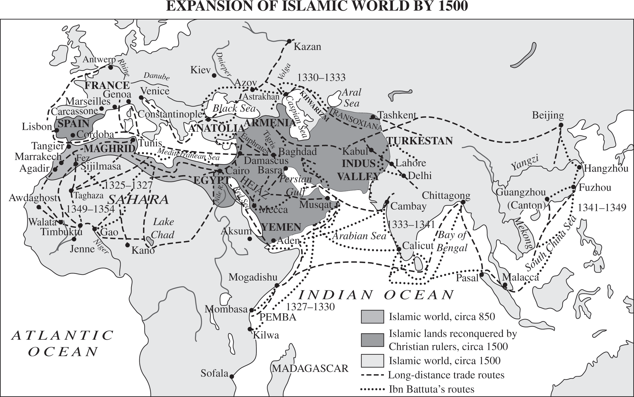 A map of the expansion of the Islamic world by 15 hundred. The Islamic world, circa 8 50, was located only along northern Africa, southern Spain, and the middle east, from Armenia in the south, to Yemen in the south, to the Indus Valley in the west. All of these lands, except northern Africa were reconquered by Christian rulers in 15 hundred. The Islamic world, circle 15 hundred spanned all of Europe, Africa, the middle east, and Asia. 