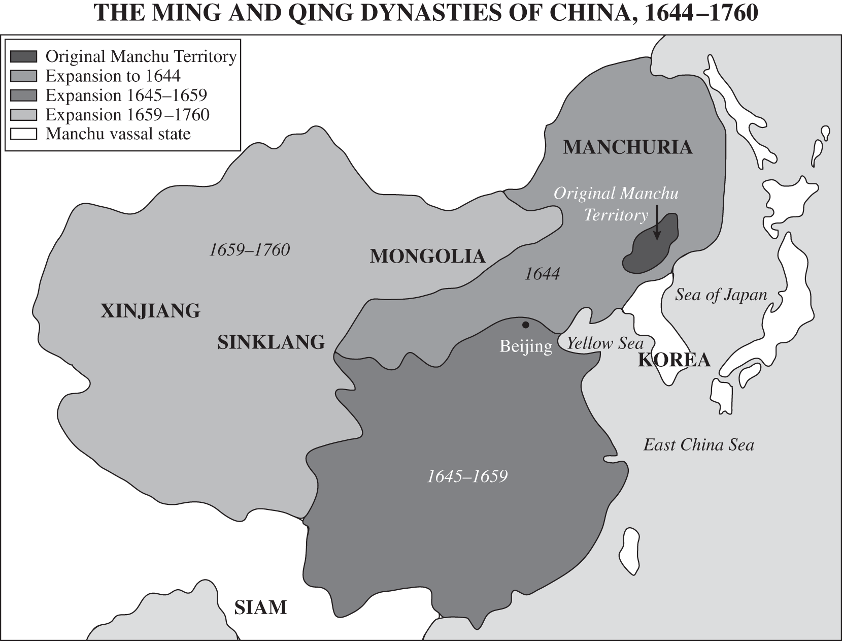 A map of the Ming and Qing dynasties of China from 16 44 to 17 60. The original Manchu territory was located just off the sea of Japan above the Korean peninsula. The expansion to 16 44 encompassed all of modern Manchuria. The expansion from 16 45 to 16 59 encompassed all the way down to modern Thailand and brought Beijing into the region. The expansion from 16 59 to 17 60 moved west, encompassing Mongolia, Sinklang, and Xinjiang. The Manchu vassal state included all surrounding regions, including Siam, Korea, and Japan.