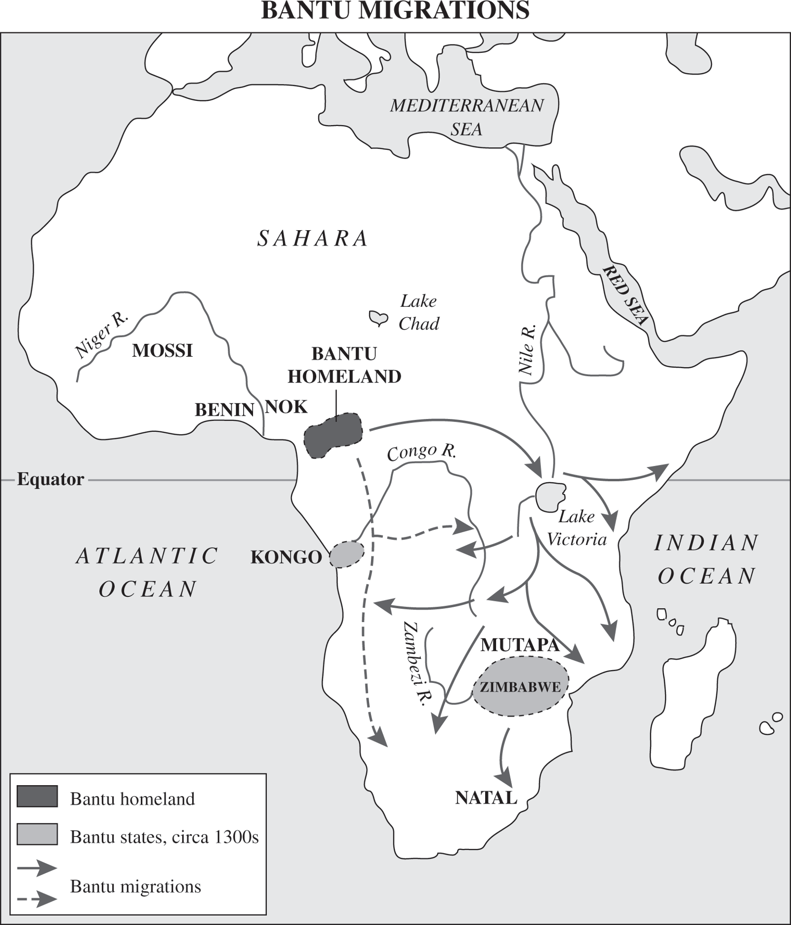 A map of Bantu migrations. The Bantu homeland is located in modern day Nigeria and Cameroon. From there, they migrated south along the west coast, establishing a Bantu state called Kongo in modern Angola. The also migrated west to lake Victoria and then to the Indian Ocean. From lake Victoria, they also moved east to the Congo river, and south, establishing states in Zimbabwe and Natal in modern south Africa.