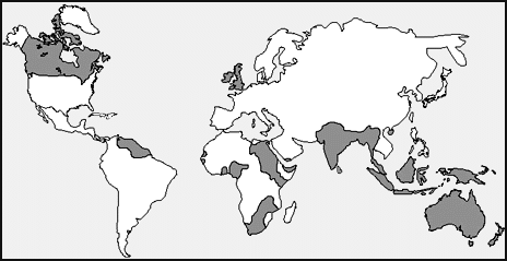 A world map shows the following regions shaded: Canada, northeast South America, various parts of Africa, including South Africa, the United Kingdom, Indian and western China, Malaysia, Indonesia, New Zealand, Australia, and the surrounding islands.